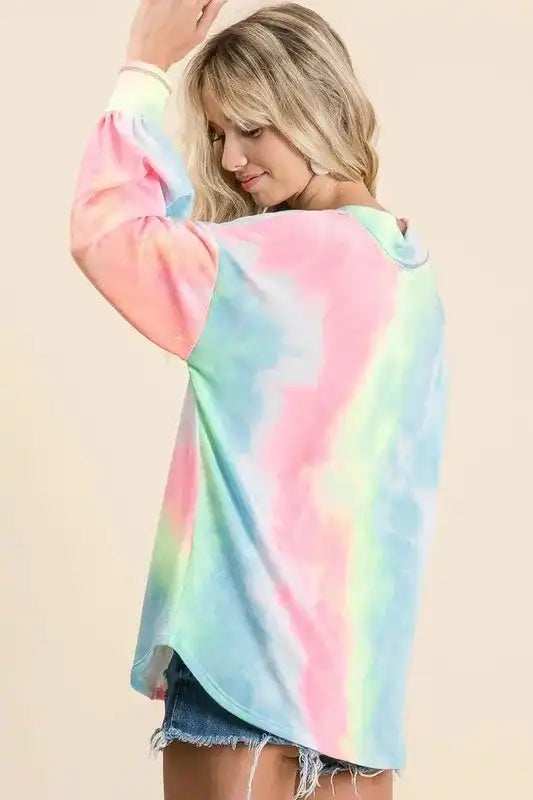 BiBi Tie Dye French Terry V-Neck Top with Puff Sleeves - Trendsi - Flyclothing LLC