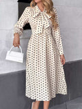 Polka Dot Tie Front Long Sleeve Midi Dress - Trendsi - Flyclothing LLC