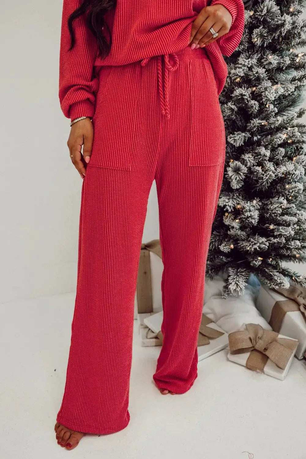 JOLLY Round Neck Long Sleeve Top and Pants Lounge Set - Trendsi - Flyclothing LLC