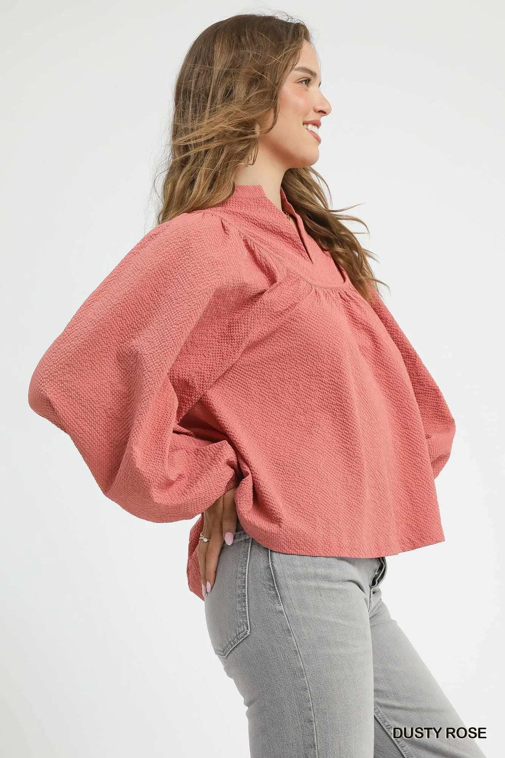 Umgee Textured Notched Blouse with Balloon Sleeves - Trendsi - Flyclothing LLC