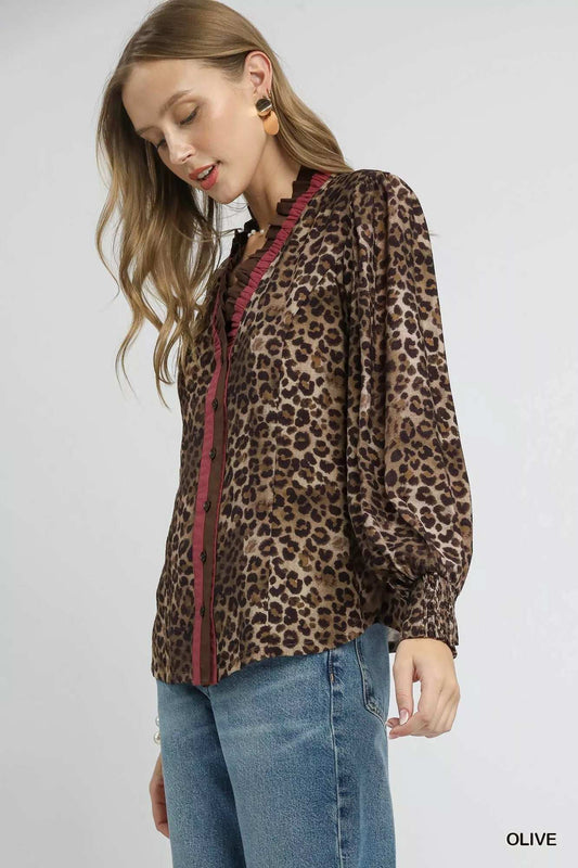 Umgee Ruffle Trim Leopard Print Shirt - Trendsi - Flyclothing LLC