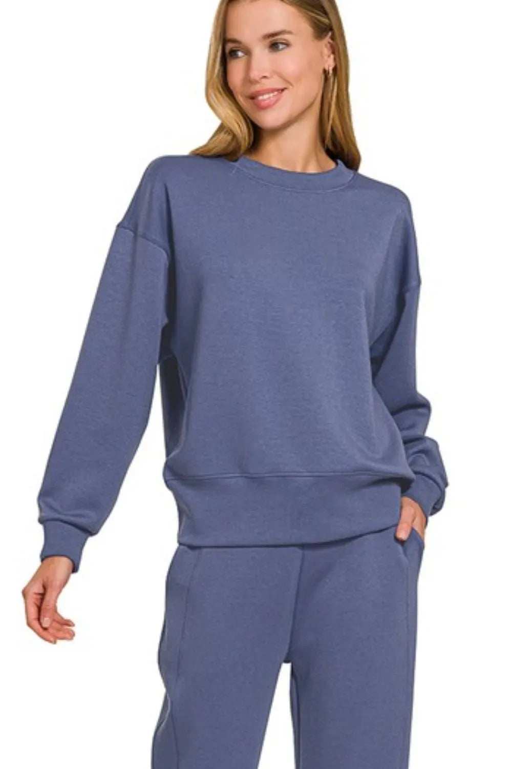 Zenana Scuba Crewneck Pullover & Joggers 2 Pieces Set - Trendsi - Flyclothing LLC