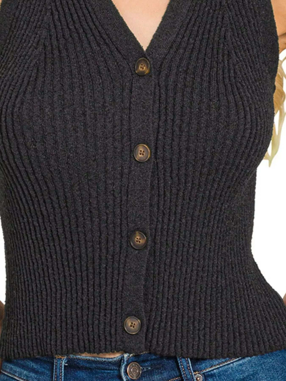 Zenana Ribbed Knit Button-Down Sweater Vest - Trendsi - Flyclothing LLC