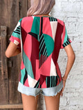Printed V-Neck Short Sleeve Blouse - Trendsi - Flyclothing LLC