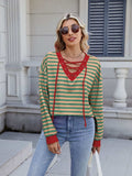 Lace-Up Striped Long Sleeve T-Shirt - Trendsi - Flyclothing LLC