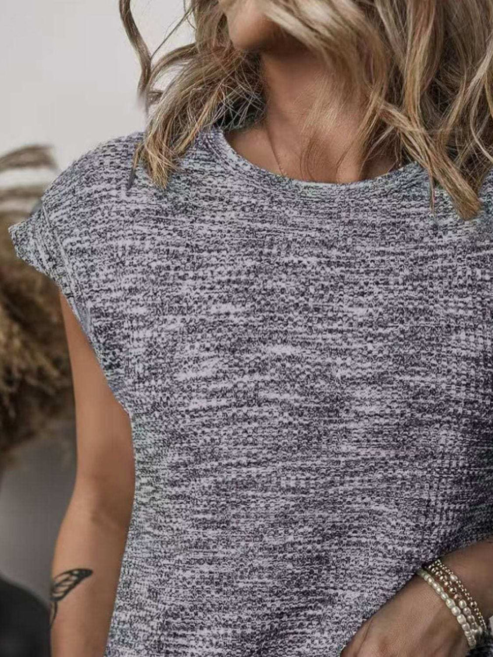 Heathered Round Neck Cap Sleeve T-Shirt - Trendsi - Flyclothing LLC