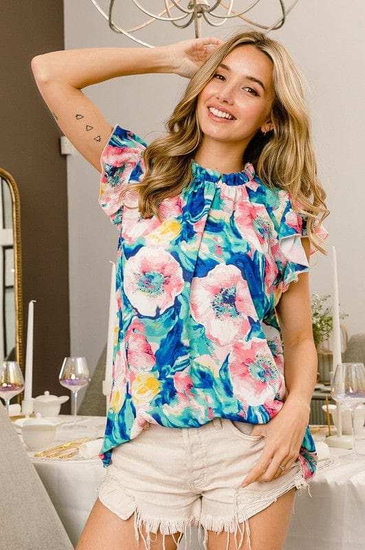 BiBi Floral Round Neck Ruffled Cap Sleeve Blouse - Trendsi - Flyclothing LLC