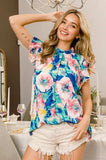 BiBi Floral Round Neck Ruffled Cap Sleeve Blouse - Trendsi - Flyclothing LLC