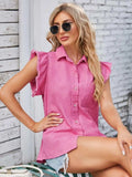 Ruffled Pocketed Collared Neck Cap Sleeve Denim Top - Trendsi - Flyclothing LLC