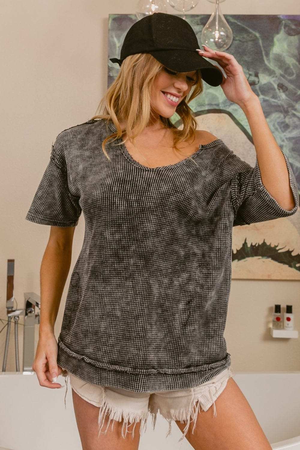BiBi Washed Notched Short Sleeve Top - Trendsi - Flyclothing LLC