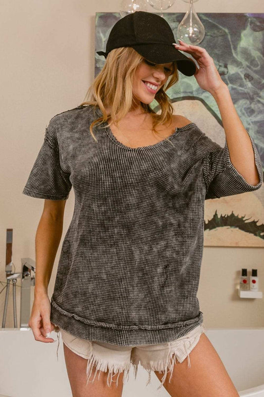 BiBi Washed Notched Short Sleeve Top - Trendsi - Flyclothing LLC
