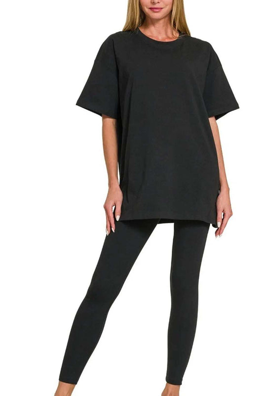 Zenana Cotton Round Neck Top & Legging Set - Trendsi - Flyclothing LLC