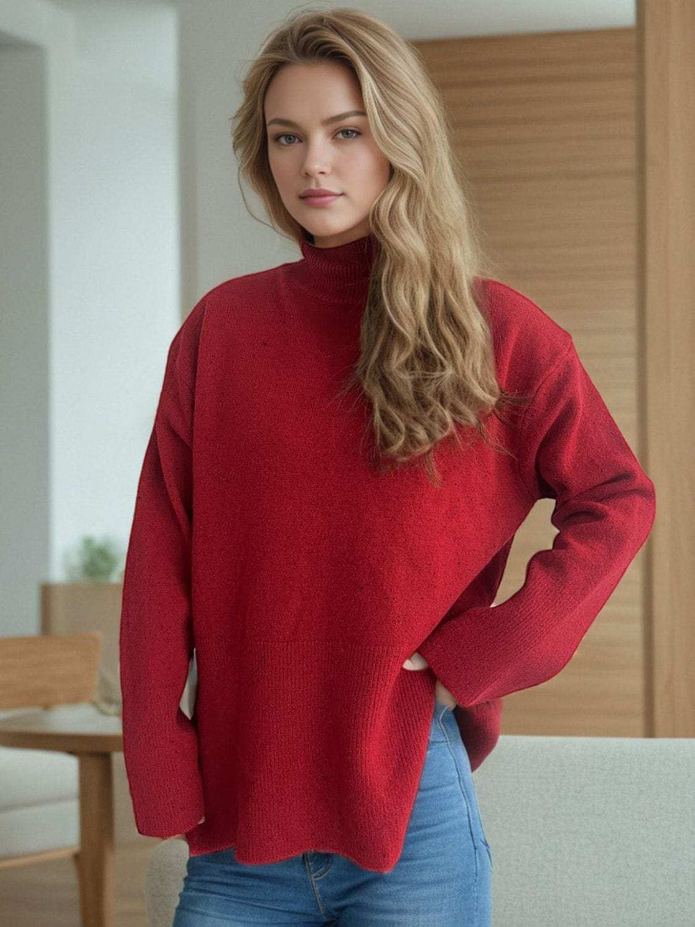 Side Slit Turtleneck Long Sleeve Sweater - Trendsi - Flyclothing LLC