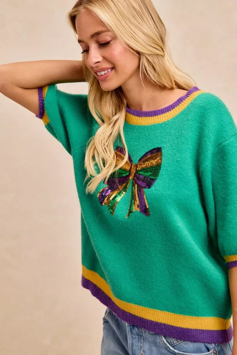 BiBi Mardi Gras Sequin Ribbon Patched Sweater - Trendsi - Flyclothing LLC