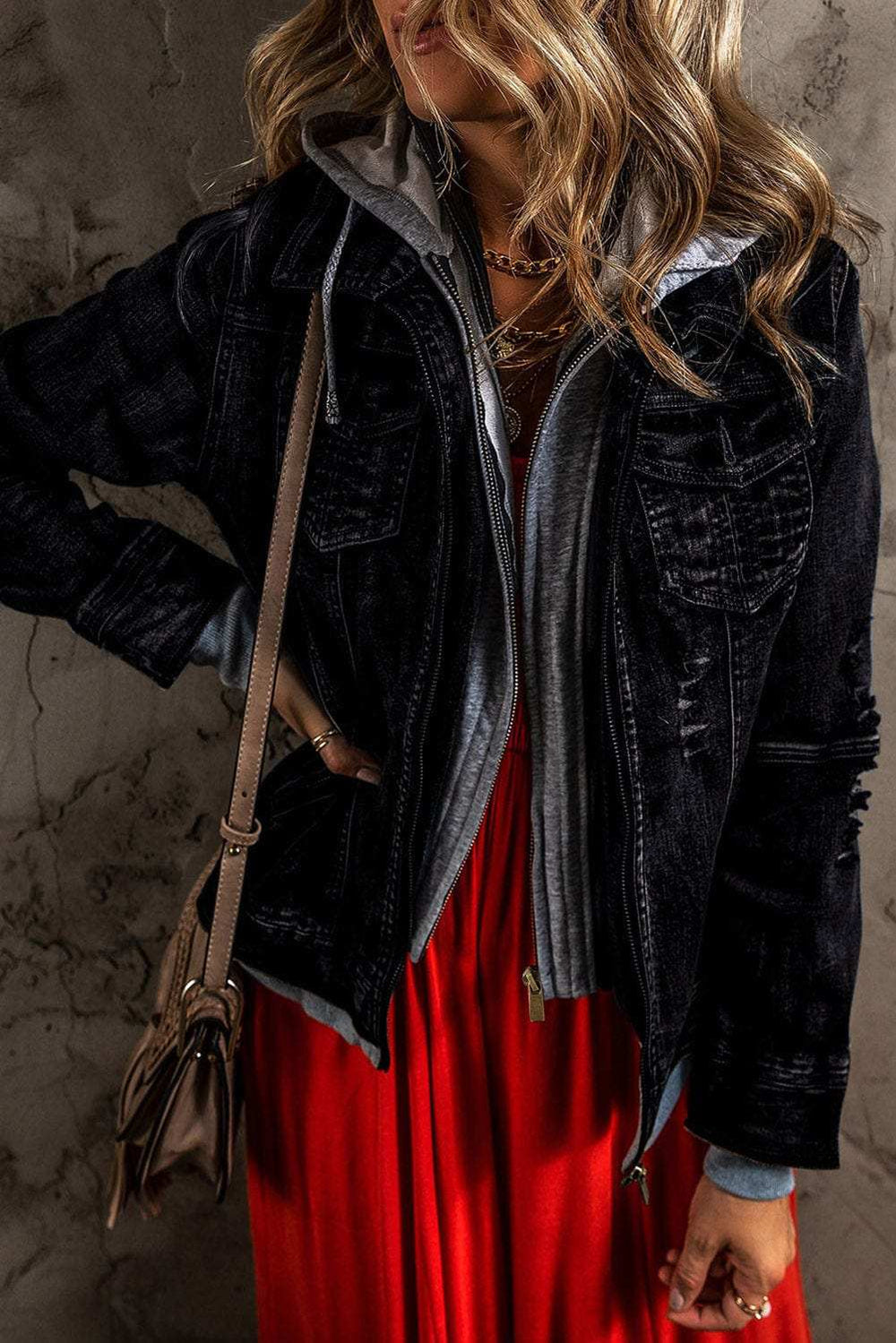 Fake Two-Piece Hooded Zip-Up Denim Jacket - Trendsi - Flyclothing LLC