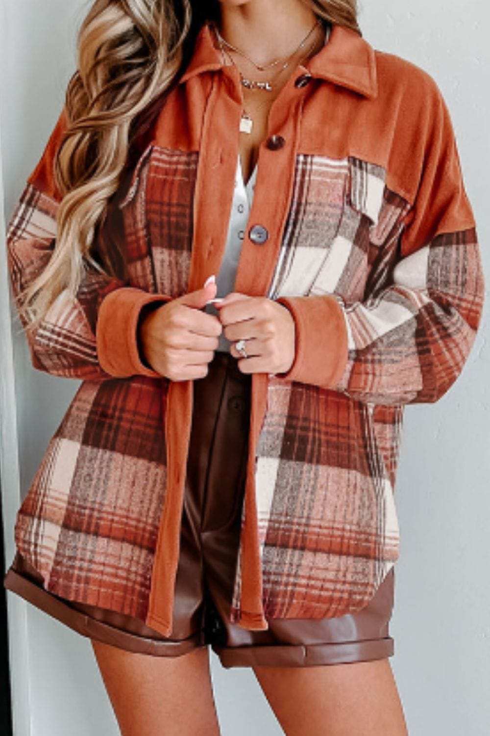 Plaid Button Up Long Sleeve Jacket - Trendsi - Flyclothing LLC
