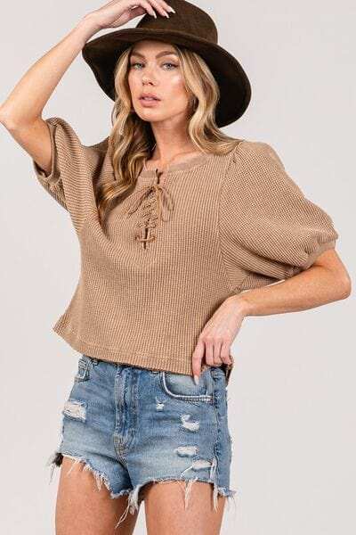SAGE+FIG Lace-Up Waffle Knit Crop Top - Trendsi - Flyclothing LLC