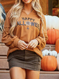 Happy Halloween Graphic Notched Long Sleeve Loose Top - Trendsi - Flyclothing LLC