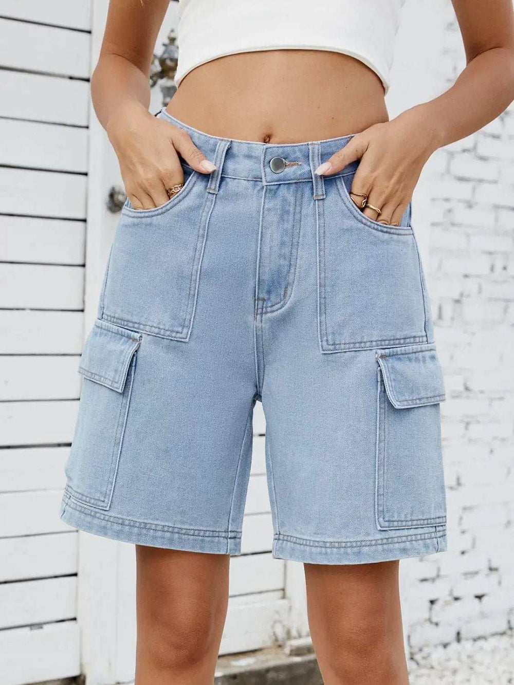 High Waist Denim Shorts with Cargo Pockets - Trendsi - Flyclothing LLC