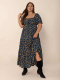 Plus Size Printed Short Sleeve Slit Tiered Maxi Dress - Trendsi - Flyclothing LLC