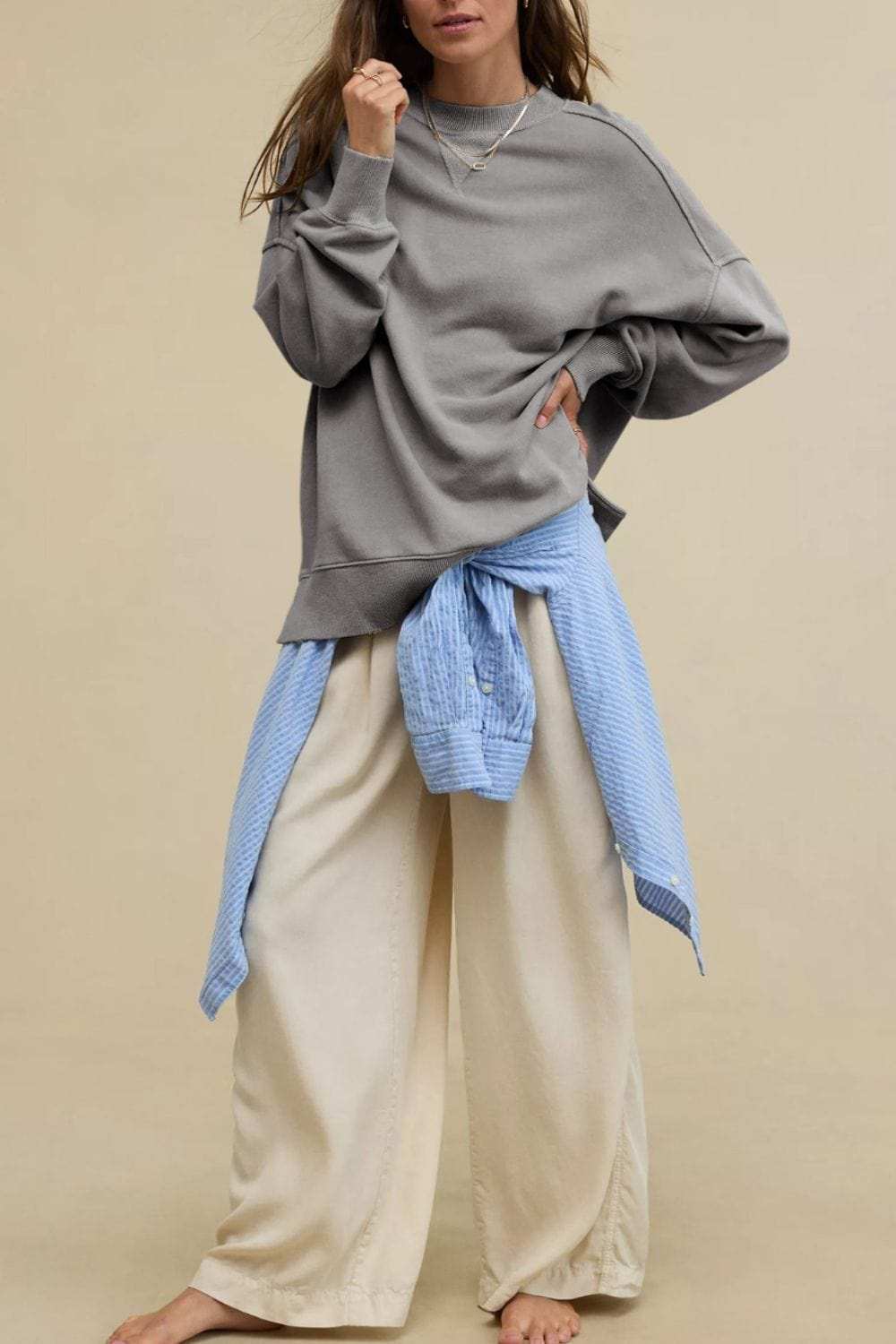 Side Slit Round Neck Long Sleeve Sweatshirt - Trendsi - Flyclothing LLC