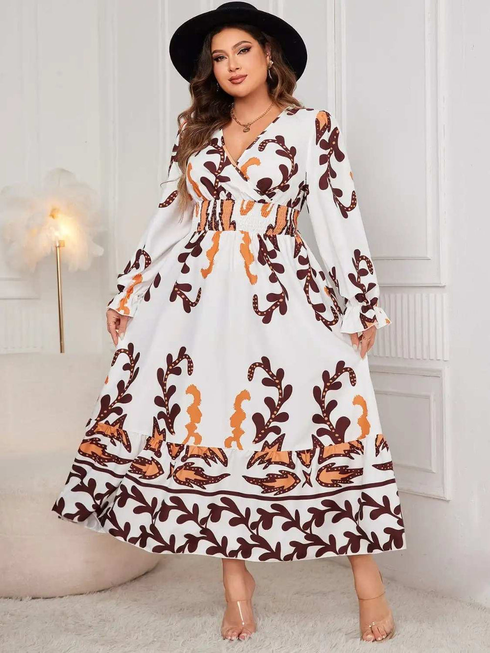 Plus Size Printed Surplice Flounce Sleeve Dress - Trendsi - Flyclothing LLC