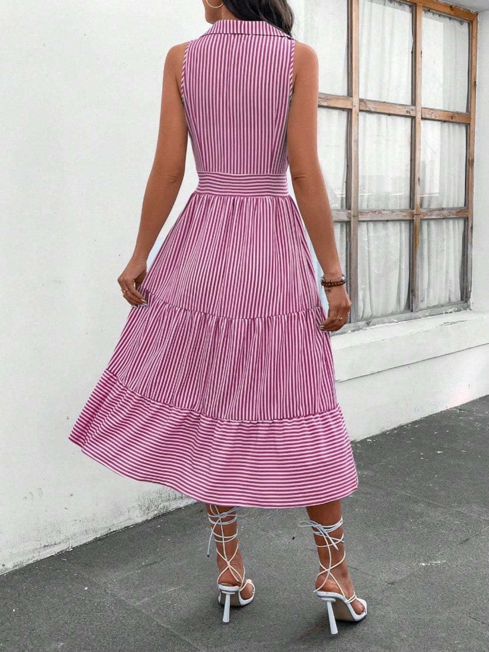 Striped Johnny Collar Sleeveless Midi Dress - Trendsi - Flyclothing LLC
