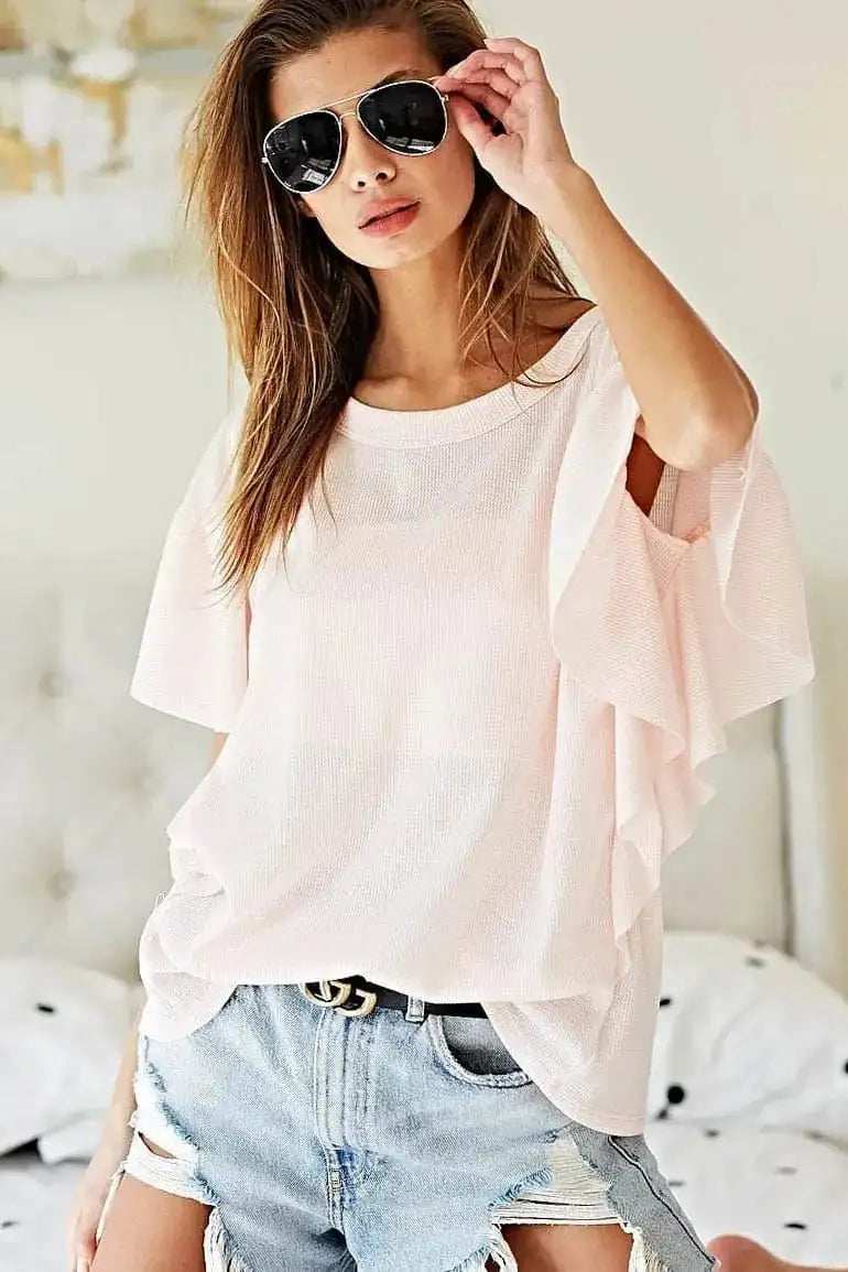BiBi Thermal Knit with Ruffled Sleeve Top - Trendsi - Flyclothing LLC