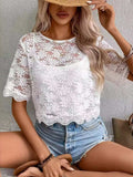 Flower Texture Round Neck Short Sleeve Top - Trendsi - Flyclothing LLC