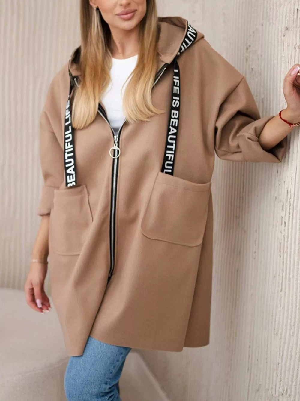 Full Size Hooded Zip-Up Longline Outerwear Plus Size - Trendsi - Flyclothing LLC