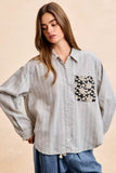 BiBi Flower Jacquard Knit Patch Pocket Stripe Shirt - Trendsi - Flyclothing LLC