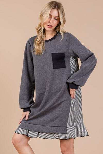 Ces Femme Striped Patchwork Round Neck Terry Sweatshirt Dress - Trendsi - Flyclothing LLC
