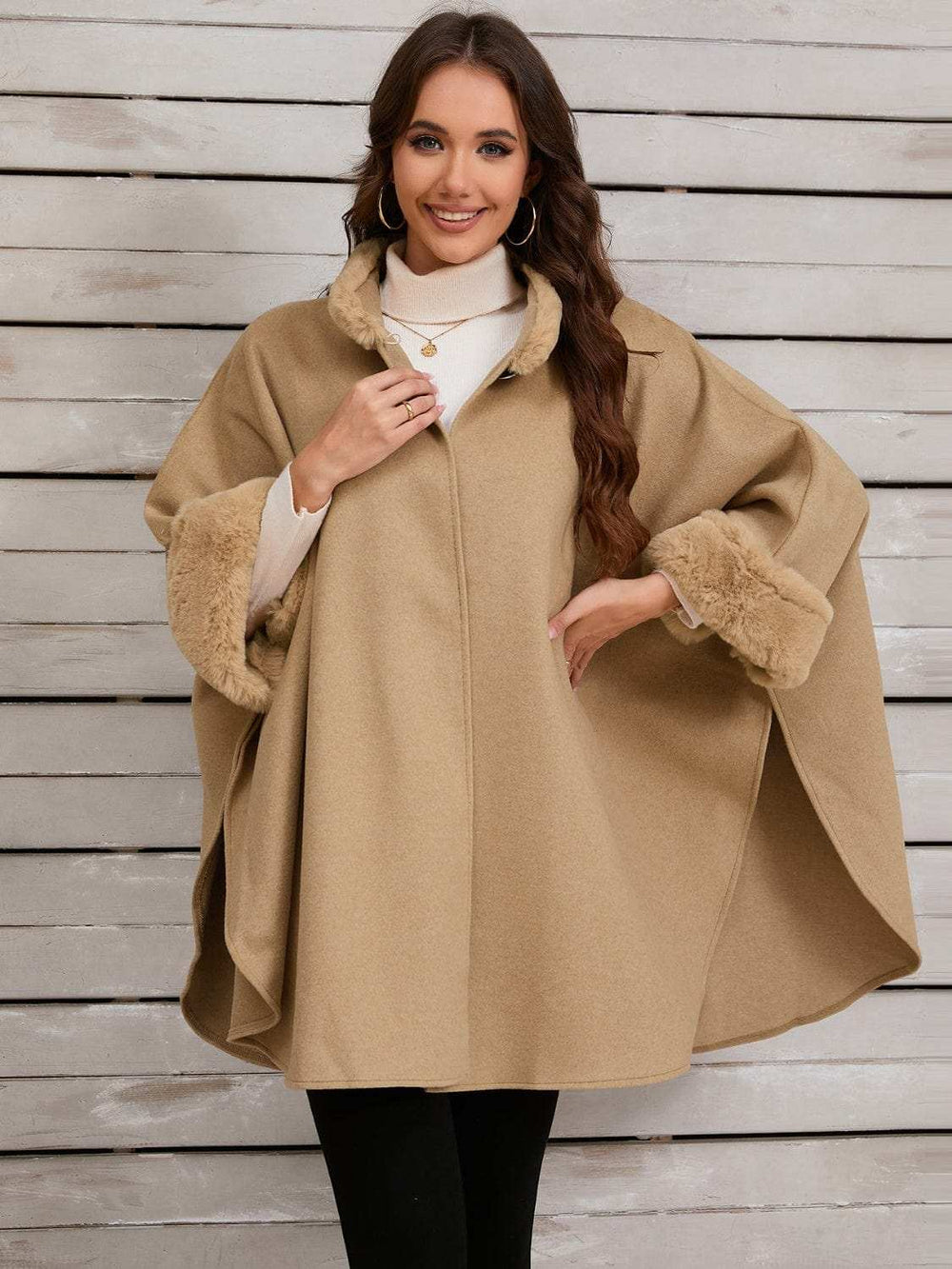 Fuzzy Trim Long Sleeve Poncho - Trendsi - Flyclothing LLC