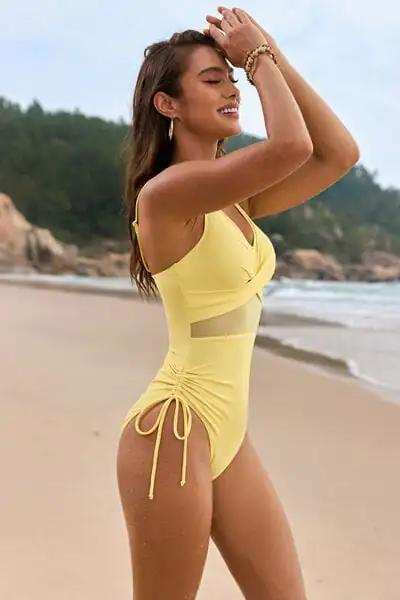 Drawstring Ruched V-Neck One-Piece Swimwear - Trendsi - Flyclothing LLC