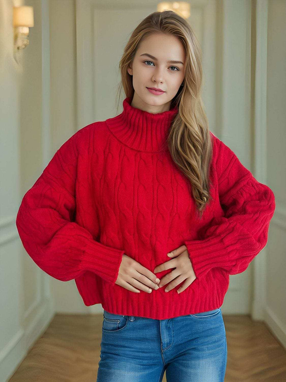 Cable-Knit Turtleneck Long Sleeve Sweater - Trendsi - Flyclothing LLC