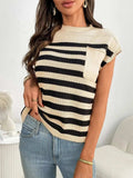 Striped Mock Neck Cap Sleeve Knit Top - Trendsi - Flyclothing LLC