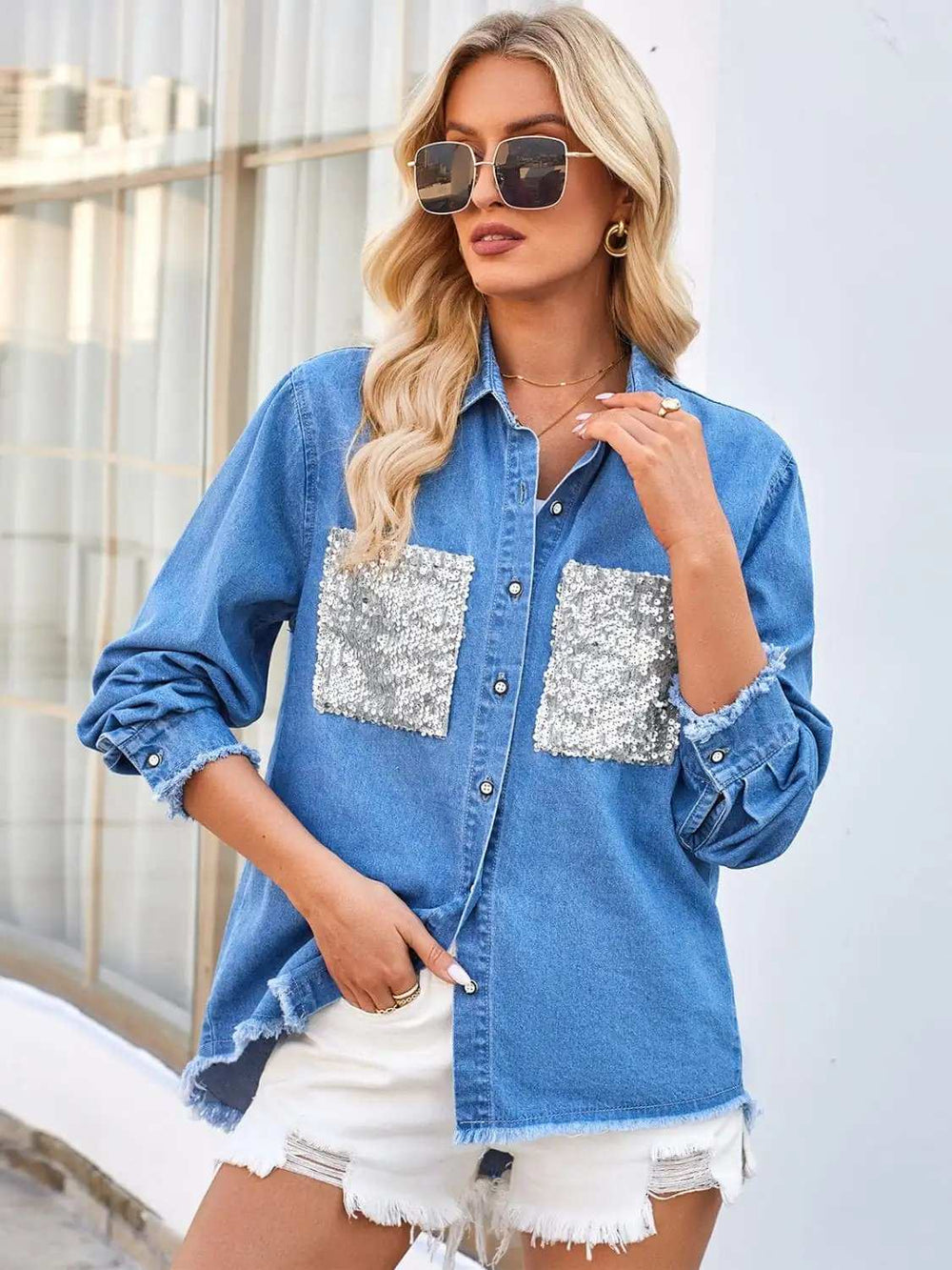 Raw Hem Button Up Long Sleeve Denim Jacket with Sequin Pockets - Trendsi - Flyclothing LLC