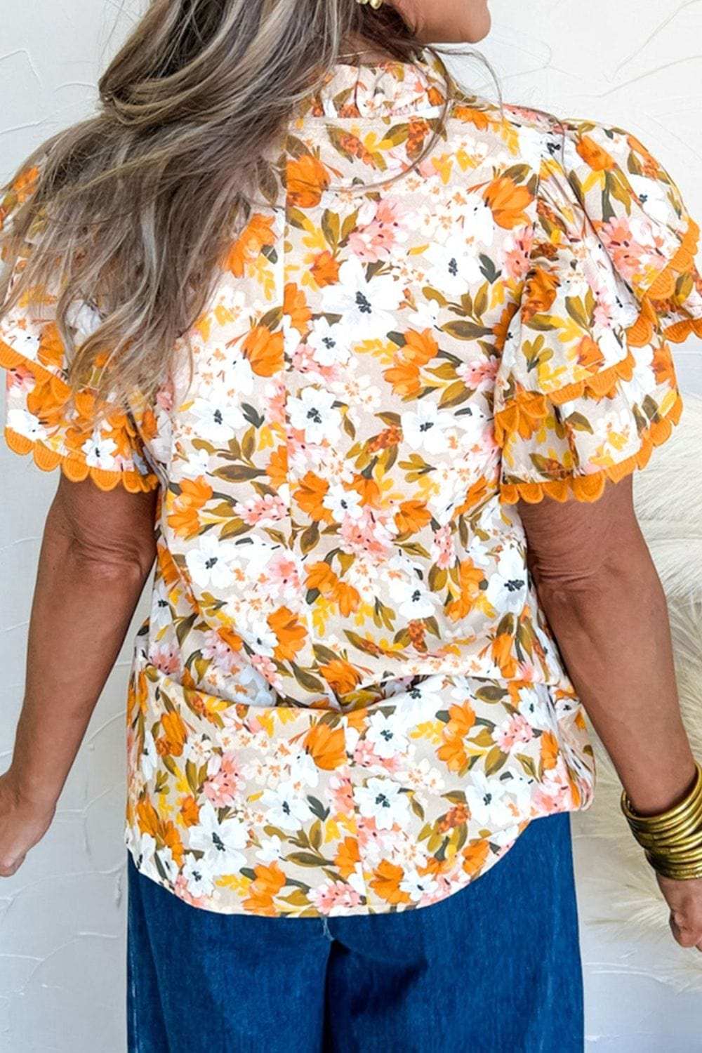 Ruffled Notched Short Sleeve Floral Blouse - Trendsi - Flyclothing LLC