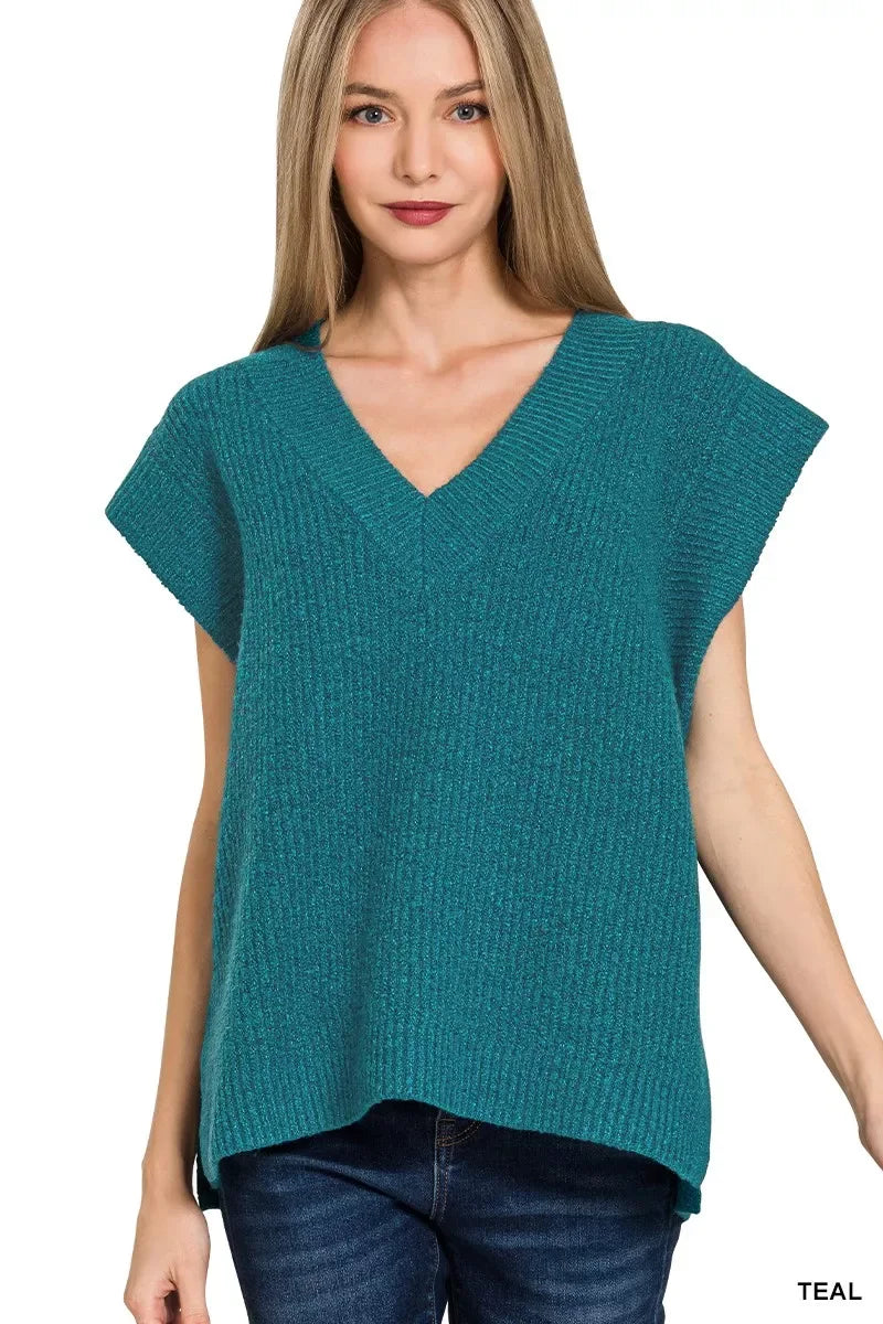 Zenana Ribbed Slit V-Neck Sweater Vest - Trendsi - Flyclothing LLC