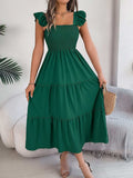 Smocked Square Neck Cap Sleeve Midi Dress - Trendsi - Flyclothing LLC