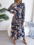 Tied Printed Long Sleeve Midi Dress - Trendsi - Flyclothing LLC
