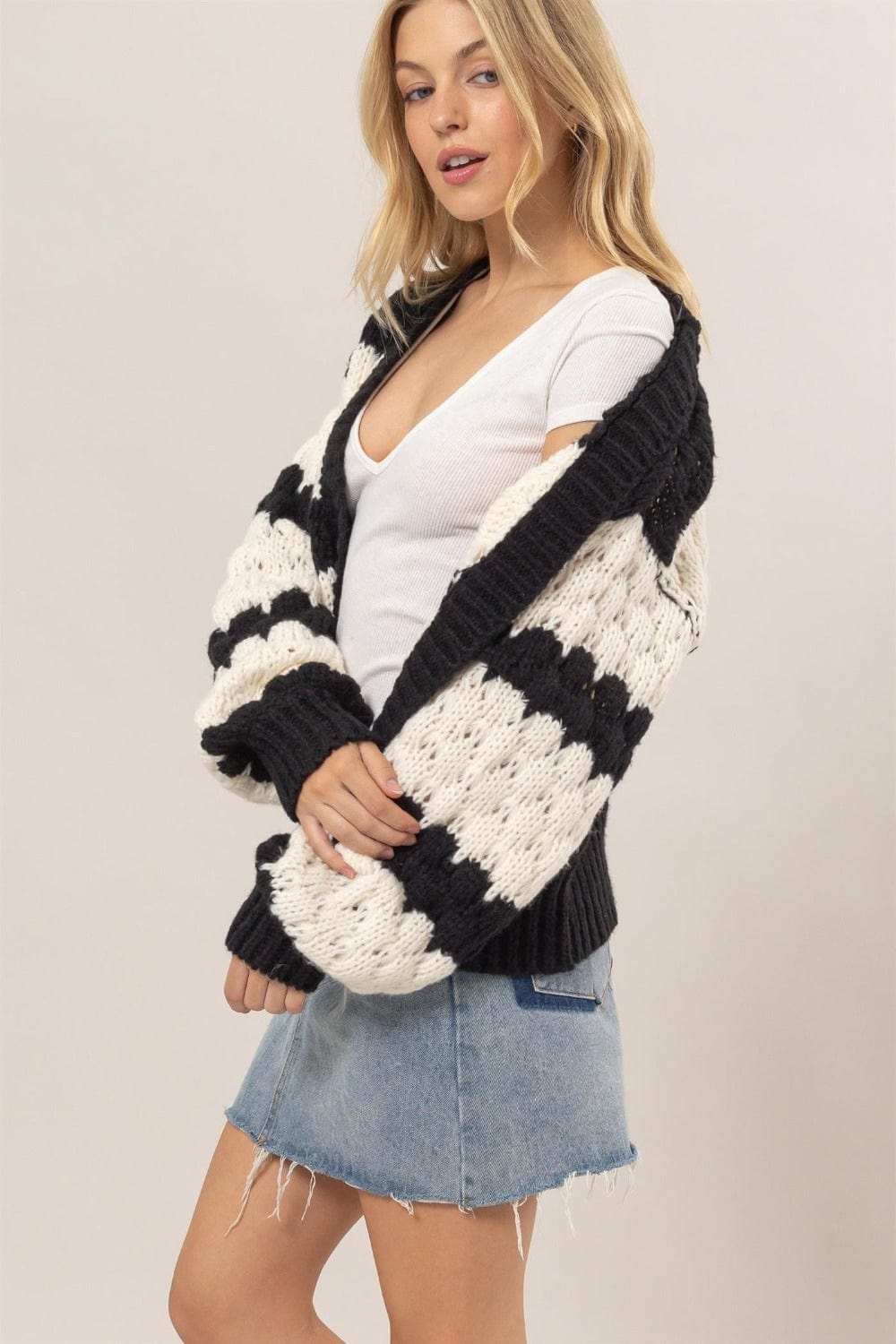 HYFVE Scallop Striped Open Front Long Sleeve Sweater Cardigan - Trendsi - Flyclothing LLC