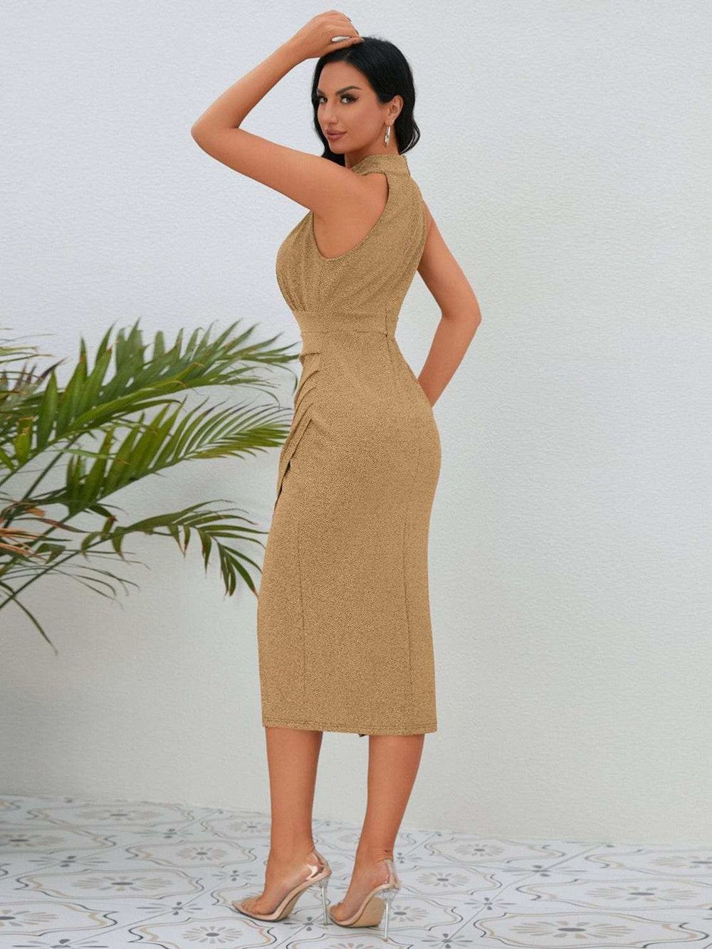 Slit Ruched Mock Neck Sleeveless Dress - Trendsi - Flyclothing LLC