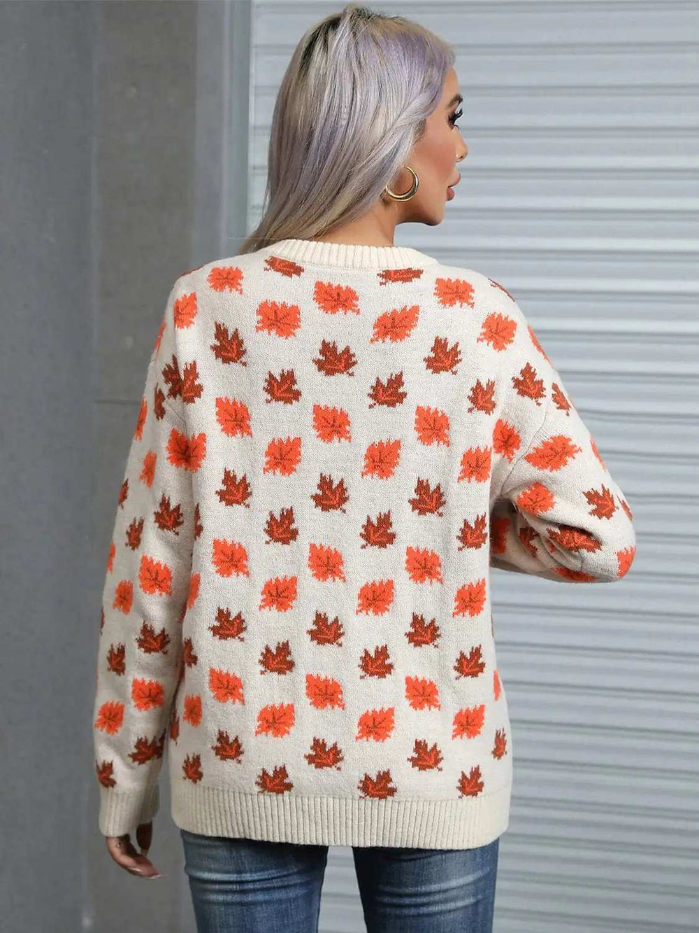 Angel Wings Maple Leaf Round Neck Long Sleeve Sweater - Trendsi - Flyclothing LLC
