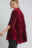 Umgee Pearl Detail Collared Neck Velvet Babydoll Blouse - Trendsi - Flyclothing LLC