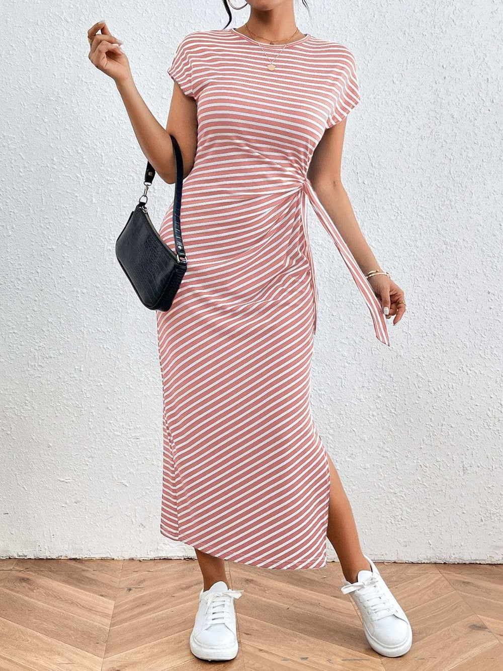 Tied Striped Round Neck Short Sleeve Tee Dress - Trendsi - Flyclothing LLC
