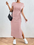 Tied Striped Round Neck Short Sleeve Tee Dress - Trendsi - Flyclothing LLC