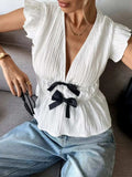 Bow V-Neck Cap Sleeve Blouse - Trendsi - Flyclothing LLC