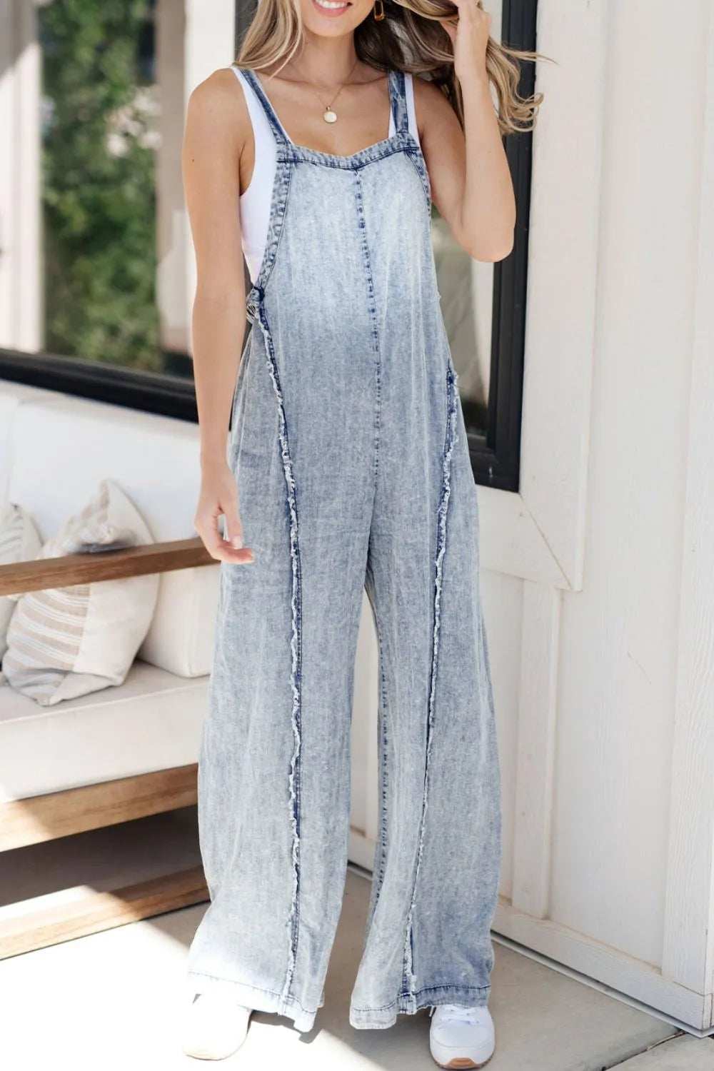 Frayed Exposed Seam Wide Leg Denim Overalls - Trendsi - Flyclothing LLC