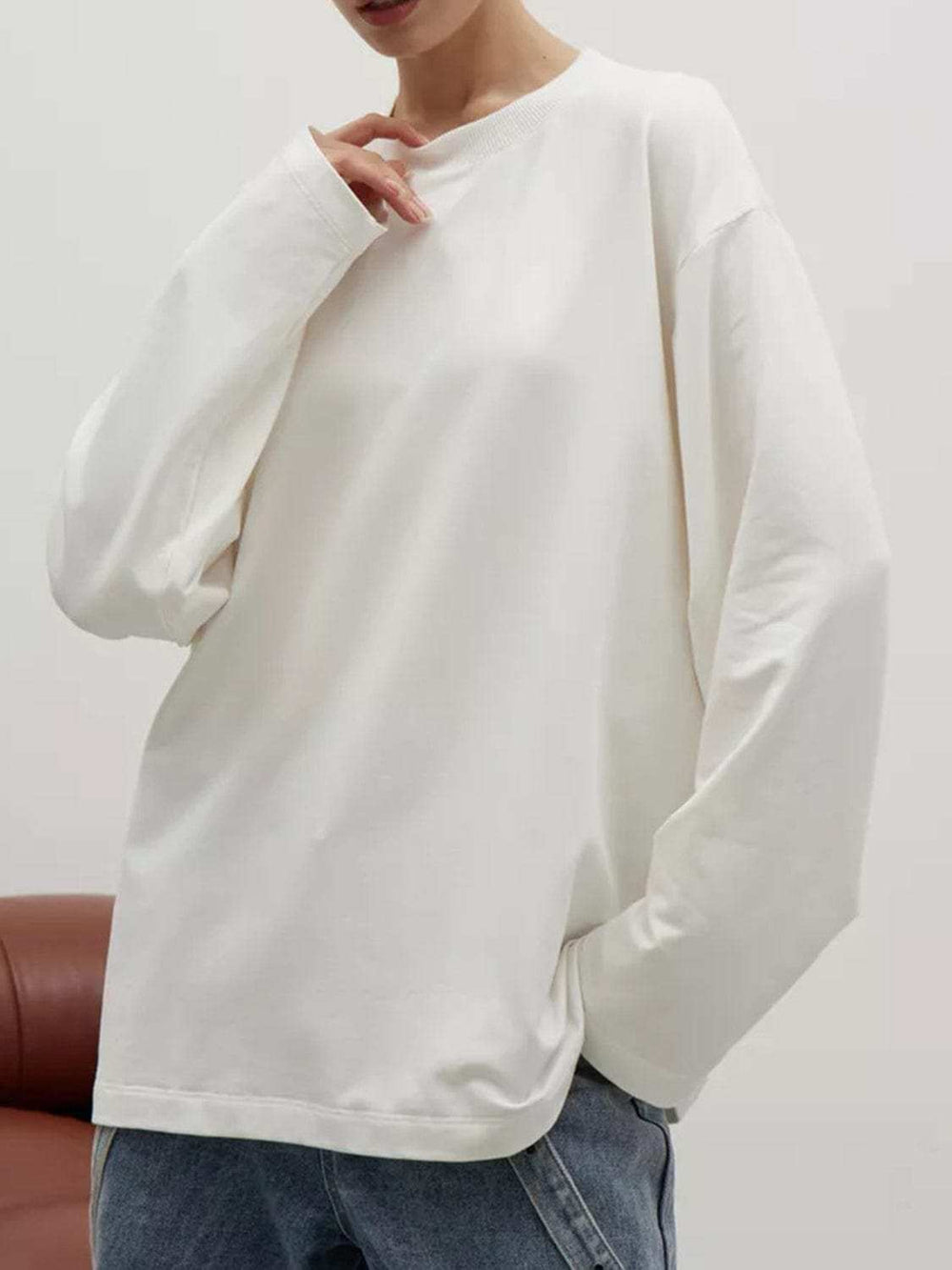 Round Neck Dropped Shoulder Long Sleeve T-Shirt - Trendsi - Flyclothing LLC